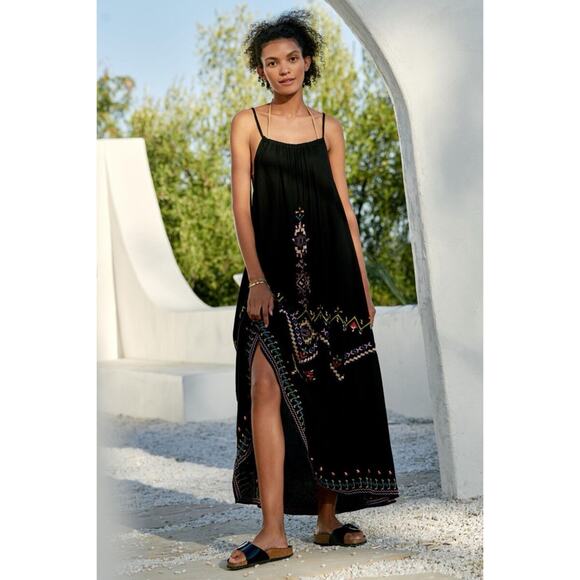 Anthropologie Embroidered Black Geometric Motif Sleeveless Relaxed Maxi Dress - Picture 1 of 8